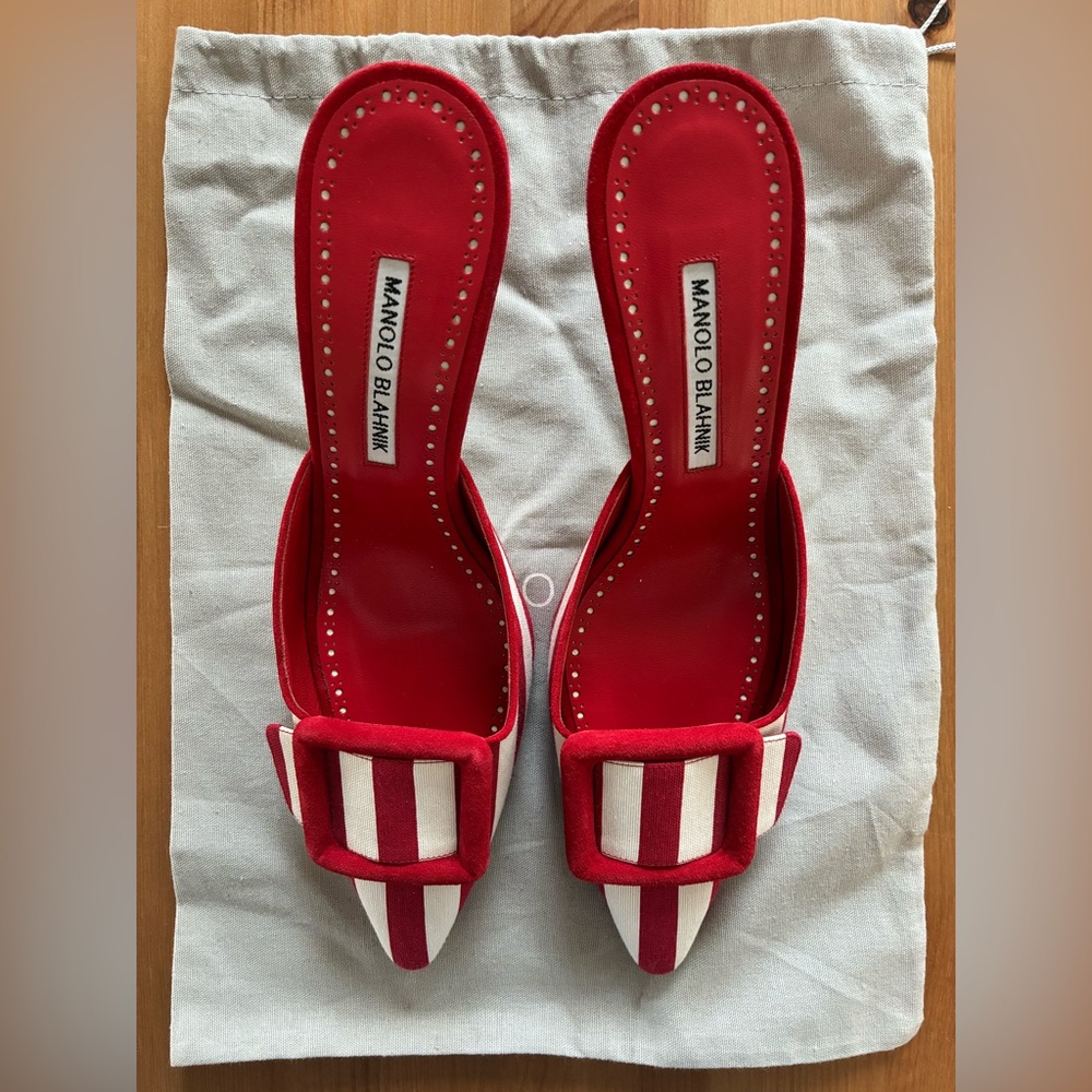 Manolo Blahnik Red and White Striped Heels